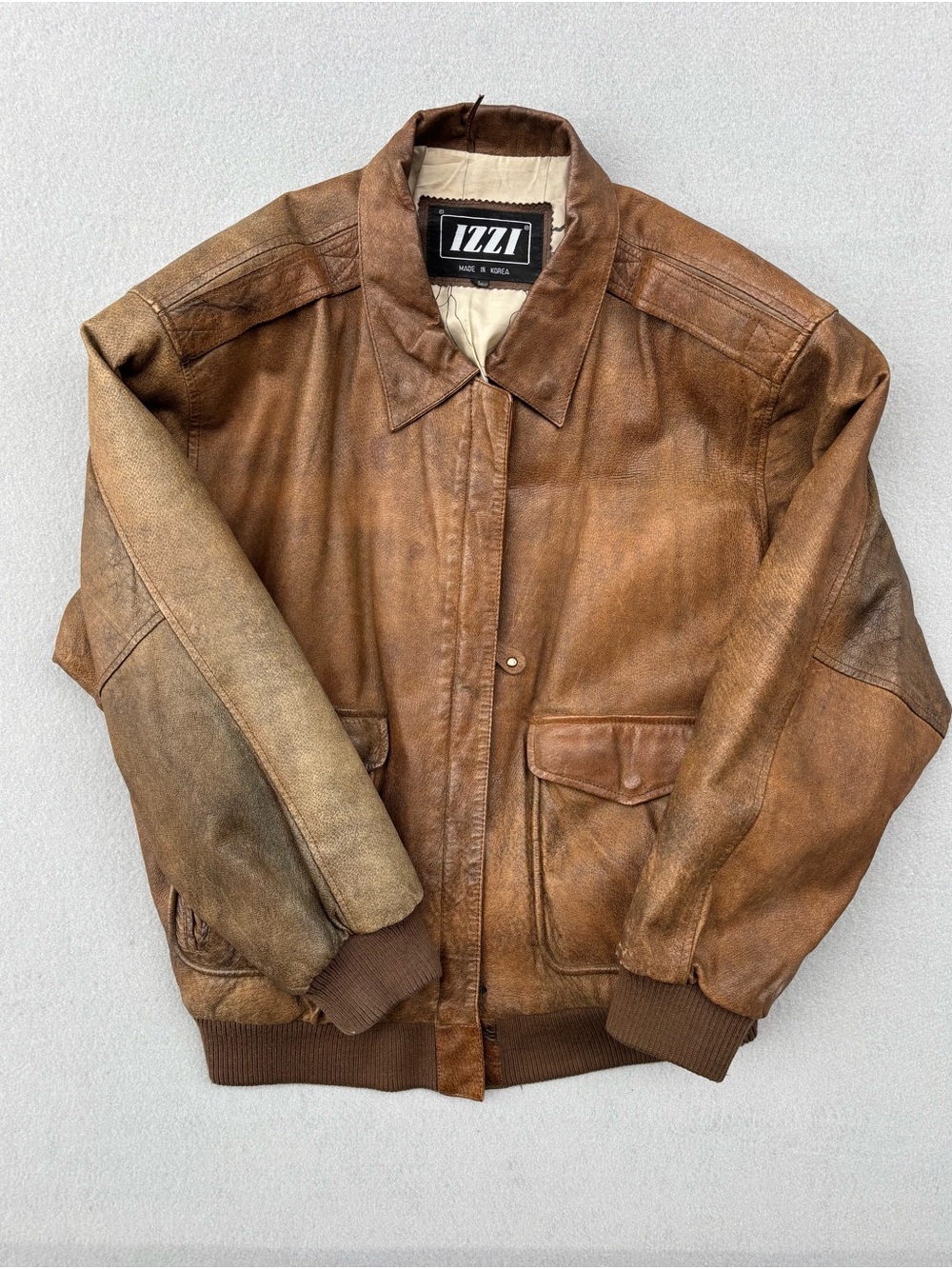 1980’s IZZI Brown Leather Bomber Jacket Mens L WWII Map Lining A-2 Flight